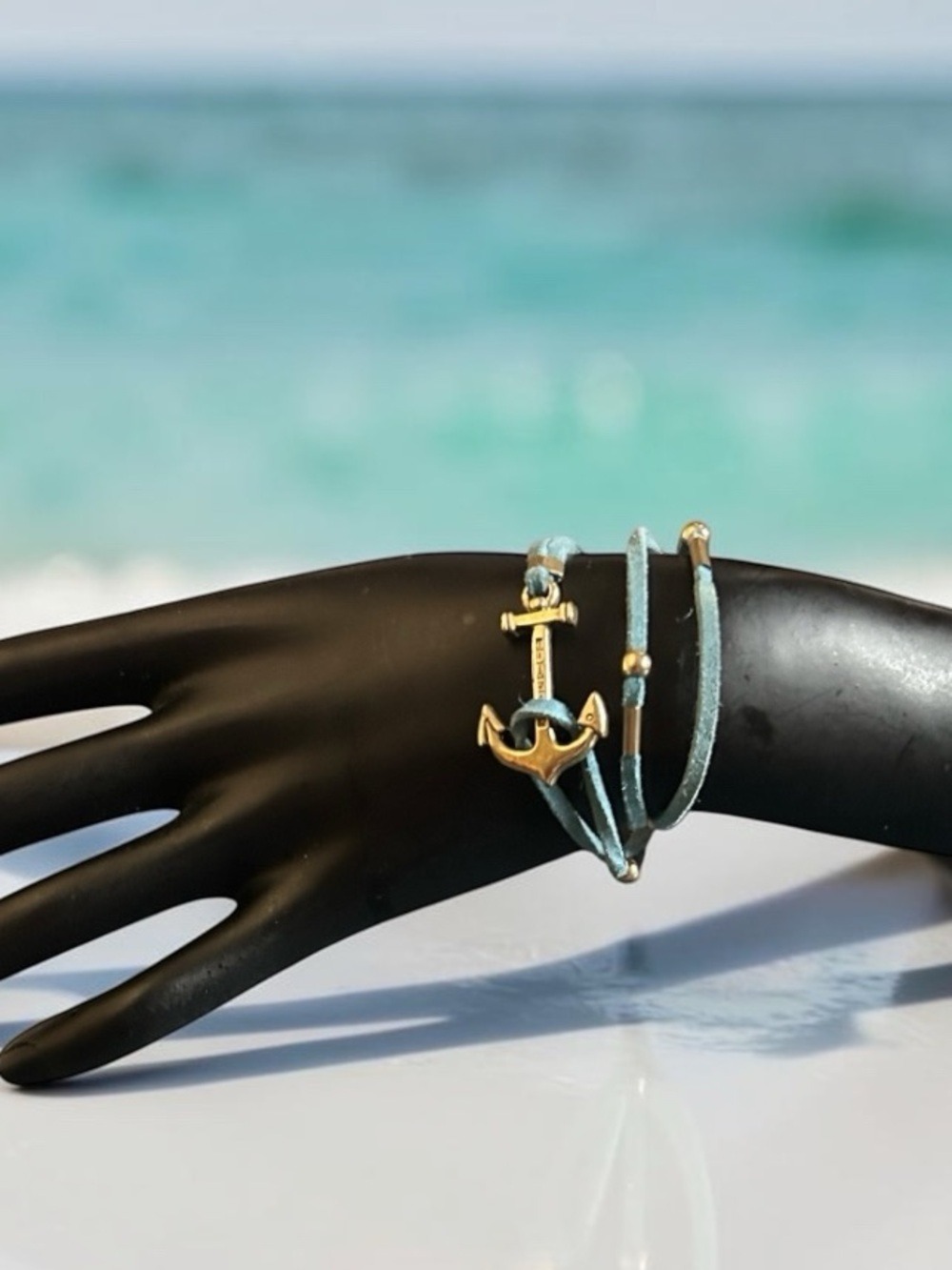 Anchor Wrap Bracelet in Sea Blue Leather Cord with Brass Tone Anchor Adjustable